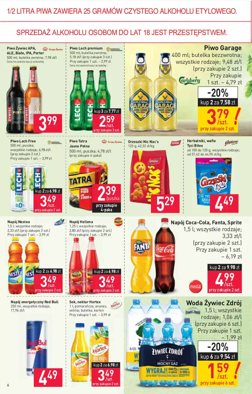 Gazetka promocyjna Stokrotka - Market - ważna 26.08 do 01.09.2021 - strona 6 - produkty: Ananas, Coca-Cola, Fa, Fanta, Gra, Hellena, Herbatniki, Hortex, Lech Premium, Napój, Napój energetyczny, Nektar, Nestea, Orzeszki, Piwa, Piwo, Por, Red Bull, Sok, Sprite, Tatra, Wafle, Woda