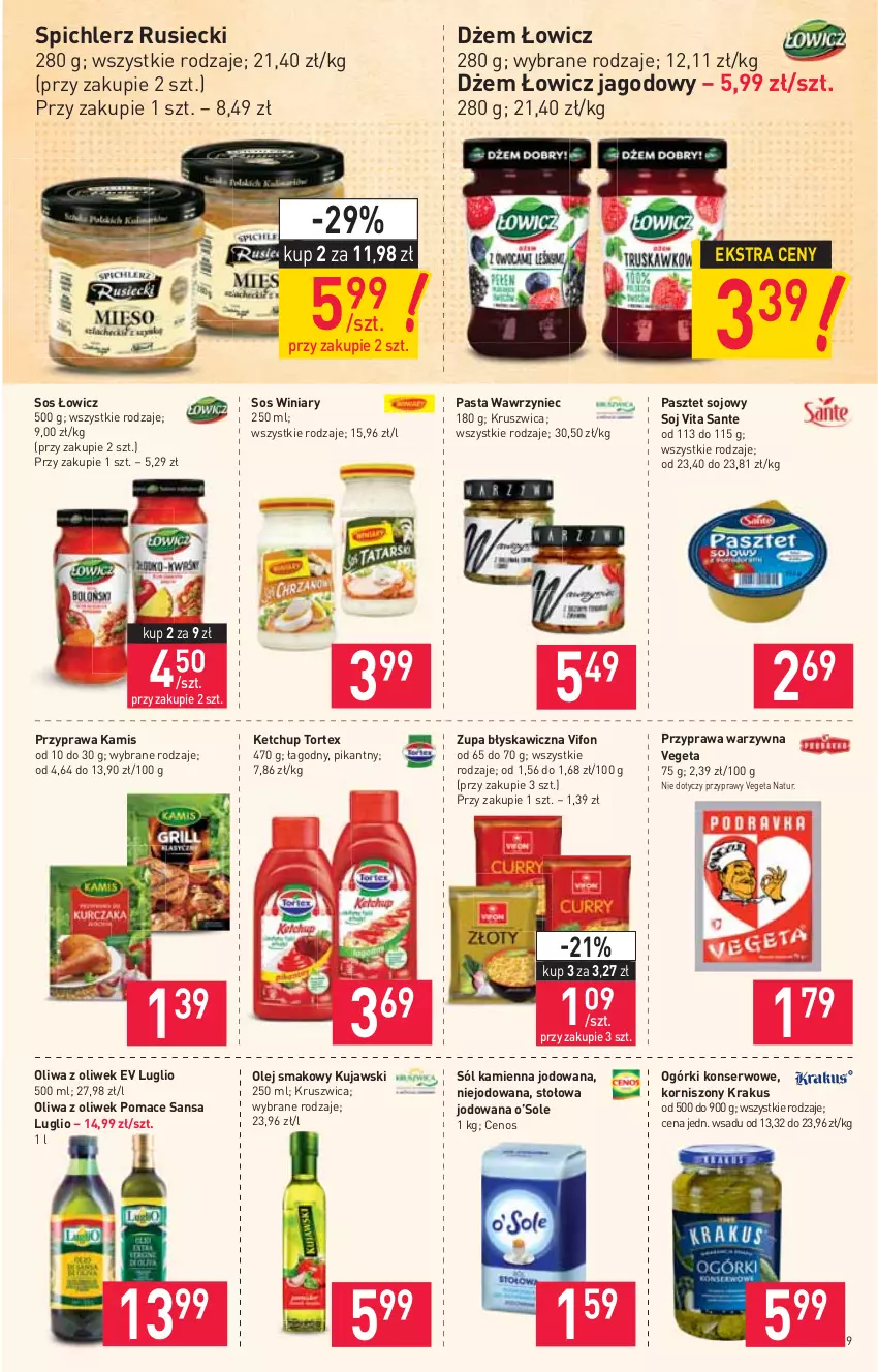 Gazetka promocyjna Stokrotka - Market - ważna 26.08 do 01.09.2021 - strona 9 - produkty: Cenos, Dżem, Kamis, Ketchup, Korniszony, Krakus, Kujawski, Ogórki konserwowe, Olej, Olej smakowy, Oliwa z oliwek, Pasztet, Przyprawy, Sante, Ser, Sól, Sos, Spichlerz Rusiecki, Vegeta, Vegeta Natur, Winiary, Zupa