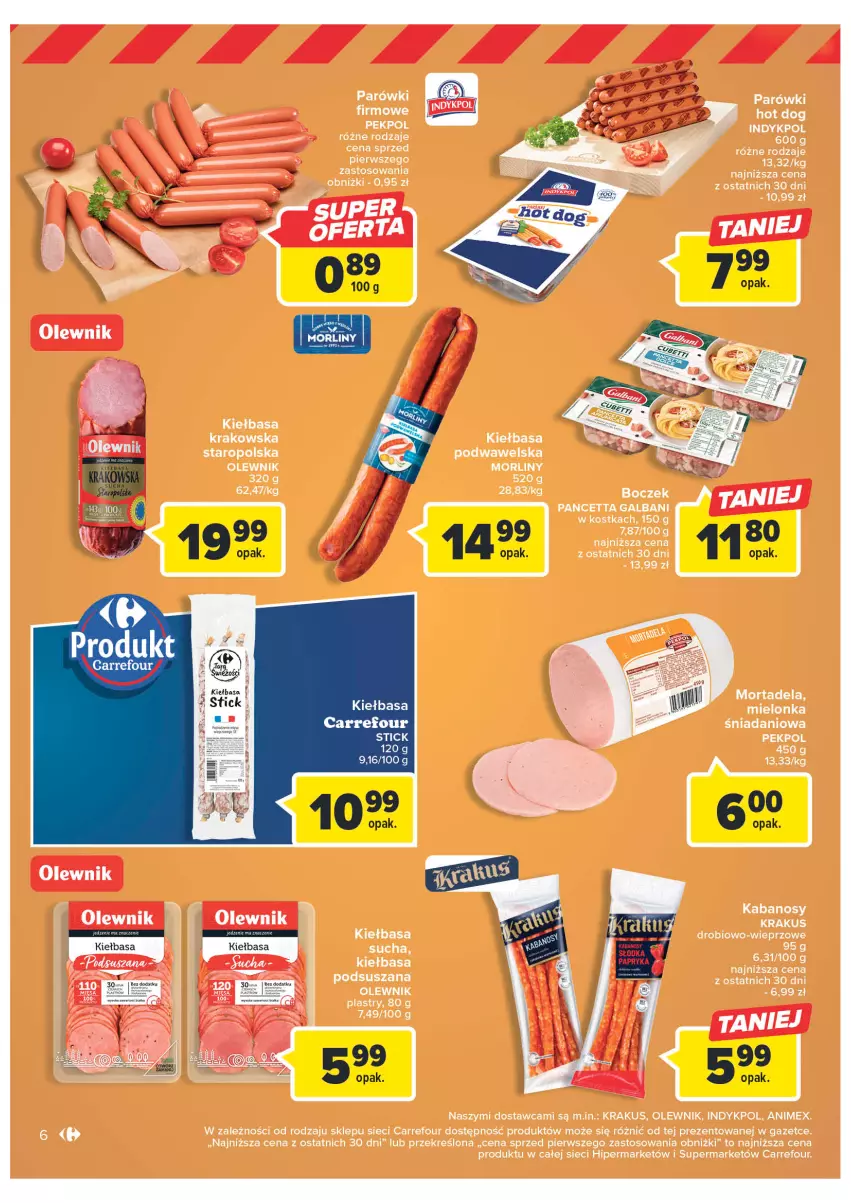 Gazetka promocyjna Carrefour - Gazetka Targ świeżości - ważna 30.01 do 04.02.2023 - strona 7 - produkty: Boczek, Danio, Galbani, Hot dog, Kabanos, Kiełbasa, Kiełbasa podwawelska, Krakus, Olewnik, Parówki, Parówki hot dog, Ser, Wawel