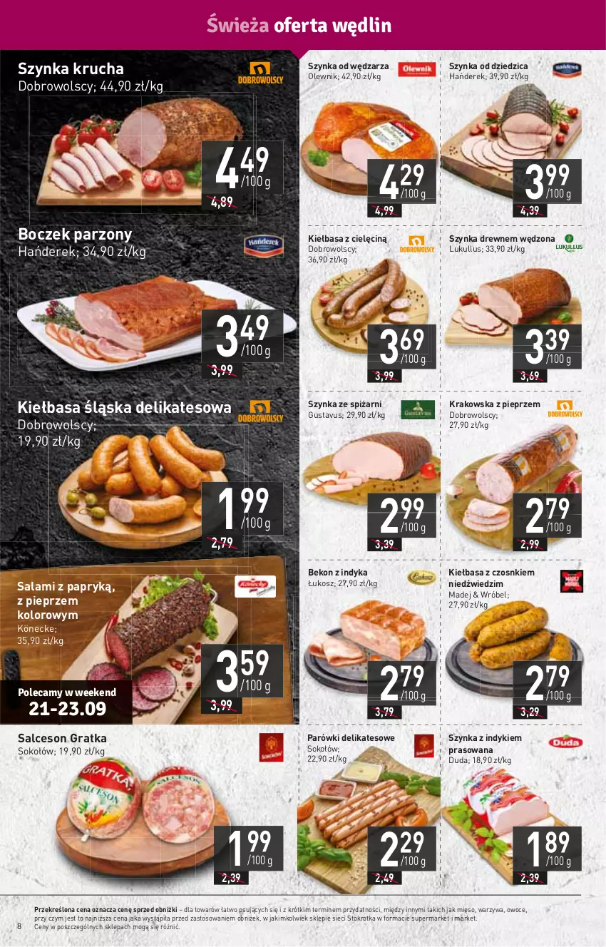 Gazetka promocyjna Stokrotka - Supermarket - ważna 21.09 do 27.09.2023 - strona 12 - produkty: Beko, Boczek, Duda, Gra, HP, Kiełbasa, Kiełbasa śląska, Kosz, Mięso, Olewnik, Owoce, Parówki, Pieprz, Salami, Salami z papryką, Salceson, Sok, Sokołów, Szynka, Warzywa