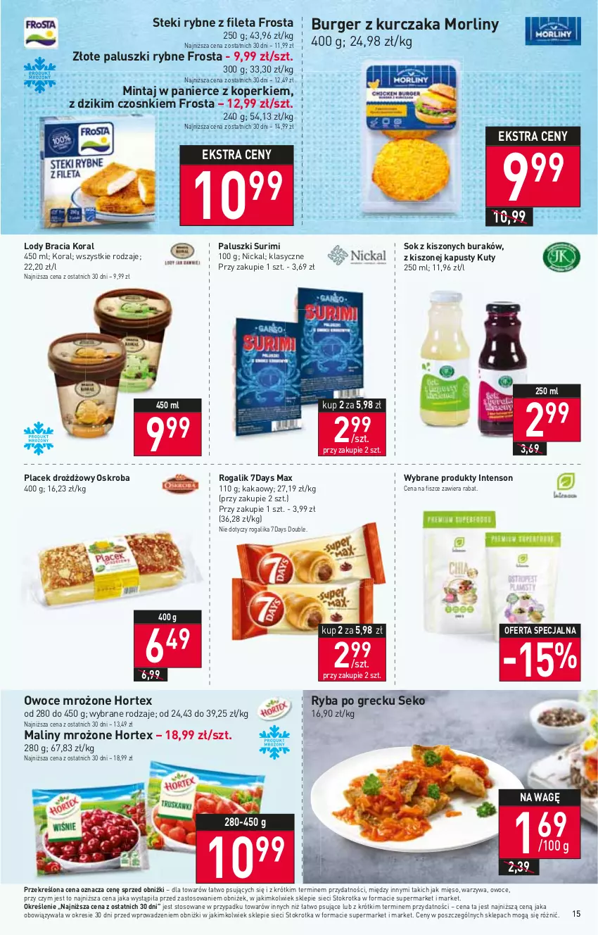 Gazetka promocyjna Stokrotka - Supermarket - ważna 21.09 do 27.09.2023 - strona 19 - produkty: Burger, Frosta, Hortex, Kakao, Kurczak, Lody, Maliny, Mięso, Mintaj, Morliny, Owoce, Paluszki rybne, Rogal, Ryba, Ryba po grecku, SEKO, Sok, Stek, Surimi, Warzywa