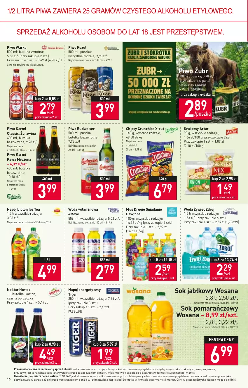 Gazetka promocyjna Stokrotka - Supermarket - ważna 21.09 do 27.09.2023 - strona 20 - produkty: Artur, Chipsy, Crunchips, Dawtona, Gra, Hortex, Ice tea, Karmi, Kawa, Kozel, Krakersy, Lipton, Mięso, Mus, Napój, Napój energetyczny, Nektar, Owoce, Piwa, Piwo, Por, Ser, Sok, Sok jabłkowy, Sok pomarańczowy, Tiger, Warka, Warzywa, Woda, Wosana