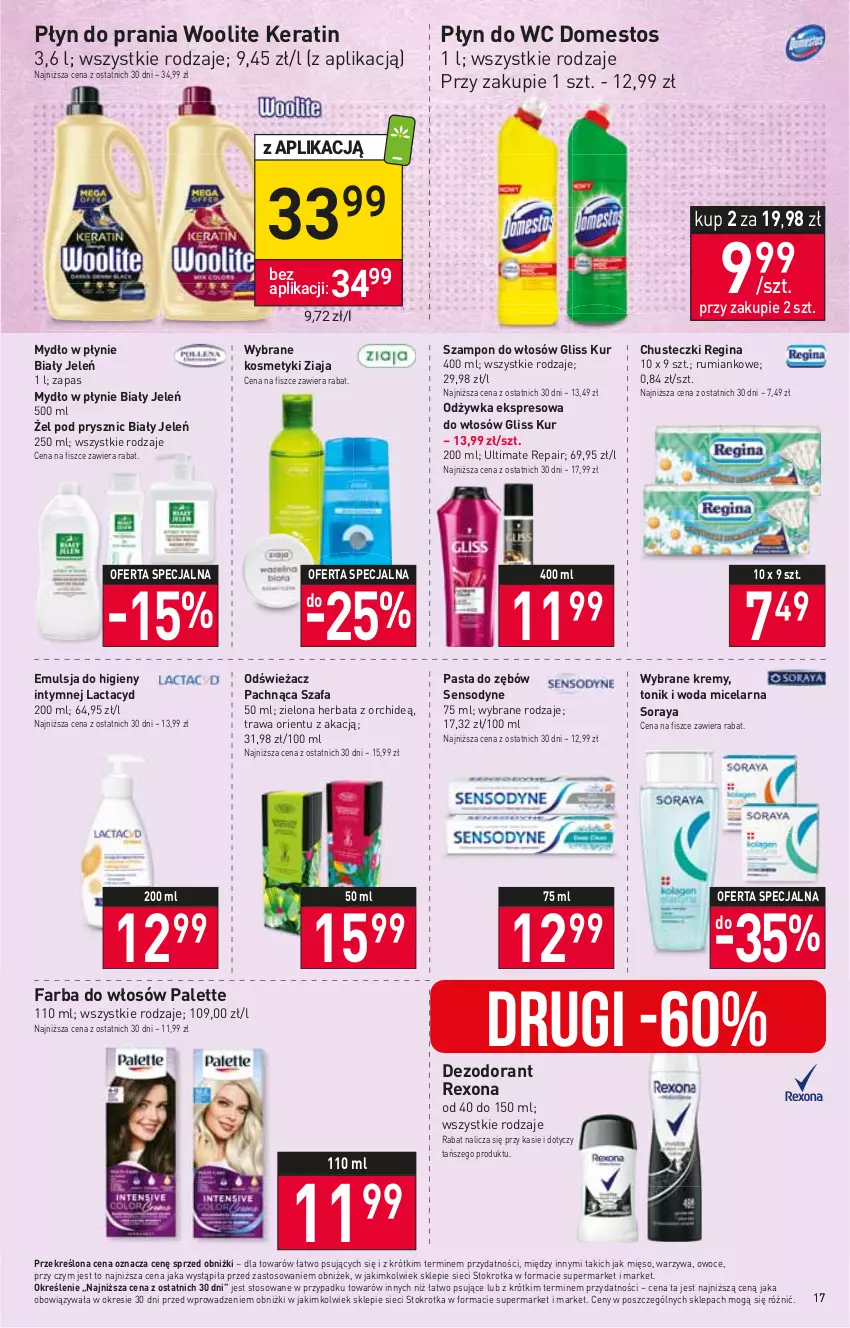 Gazetka promocyjna Stokrotka - Supermarket - ważna 21.09 do 27.09.2023 - strona 21 - produkty: Biały Jeleń, Chusteczki, Dezodorant, Domestos, Emulsja, Fa, Farba do włosów, Gin, Gliss Kur, Herbata, Lactacyd, Mięso, Mydło, Mydło w płynie, Odżywka, Owoce, Palette, Pasta do zębów, Płyn do prania, Płyn do wc, Rexona, Rum, Sensodyne, Szafa, Szampon, Tonik, Warzywa, Woda, Woda micelarna, Woolite, Ziaja