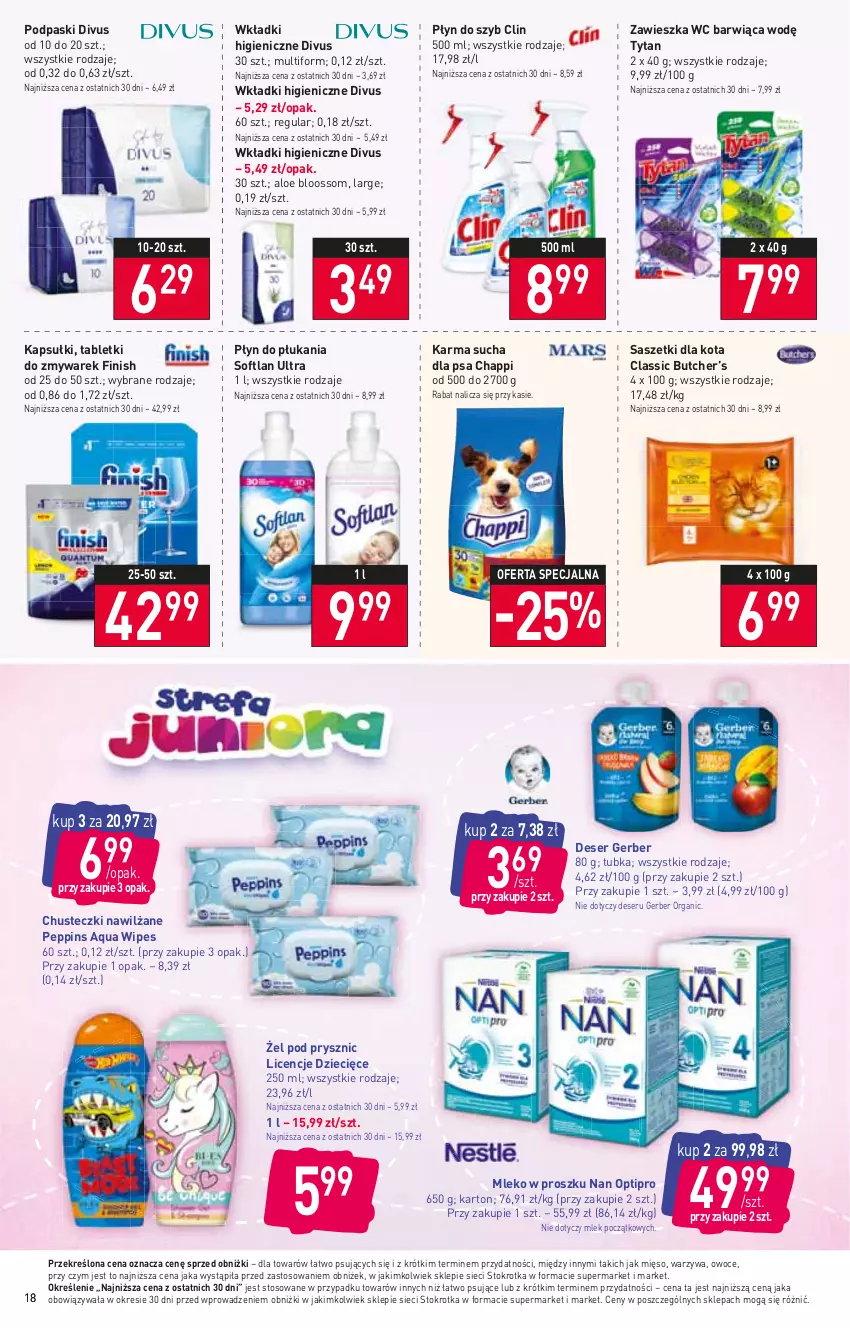 Gazetka promocyjna Stokrotka - Supermarket - ważna 21.09 do 27.09.2023 - strona 22 - produkty: Chappi, Chusteczki, Clin, Deser, Dzieci, Finish, Gerber, Mięso, Mleko, Mleko w proszku, NAN Optipro, Owoce, Płyn do płukania, Płyn do szyb, Podpaski, Ser, Tablet, Tytan, Warzywa, Wkładki