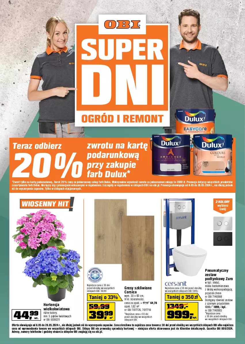 Gazetka promocyjna Obi - Gazetka OBI - ważna 08.05 do 28.05.2024 - strona 1 - produkty: Dres, Dulux, Fa, Gres, Miska, Sok, Telefon, Tera