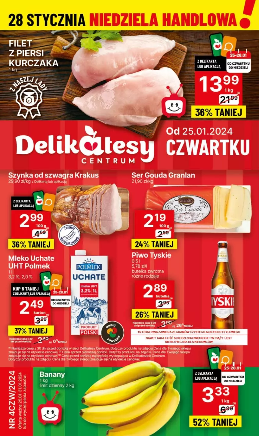 Gazetka promocyjna Delikatesy Centrum - Dyskontowe ceny w Delikatesach Centrum - ważna 25.01 do 31.01.2024 - strona 1 - produkty: Gouda, Gra, Krakus, Mleko, Piec, Piwa, Piwo, Rum, Ser, Szynka, Tyskie