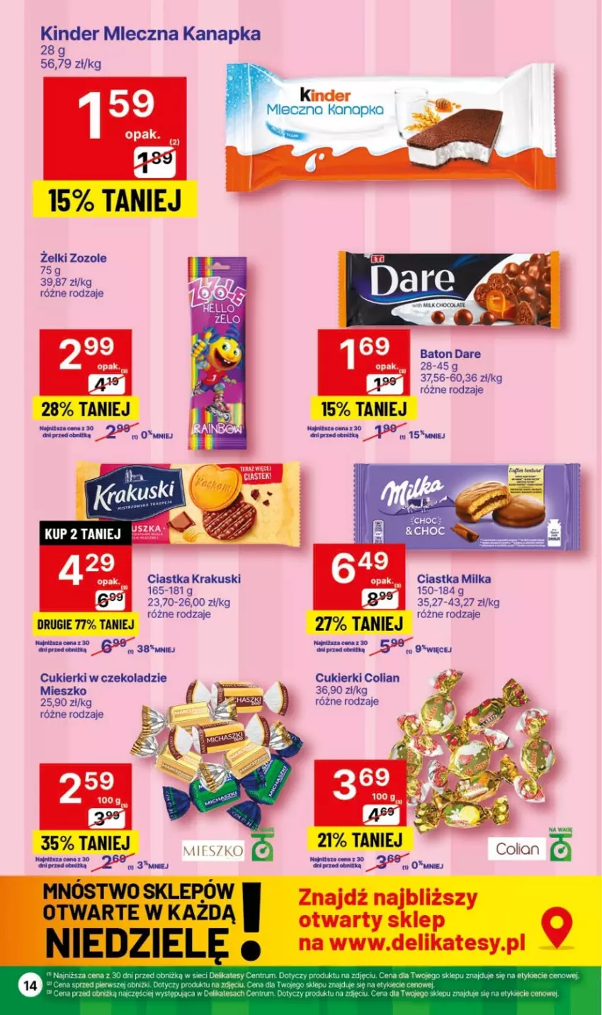 Gazetka promocyjna Delikatesy Centrum - Dyskontowe ceny w Delikatesach Centrum - ważna 25.01 do 31.01.2024 - strona 14 - produkty: Baton, Ciastka, Cukier, Cukierki, Kinder, Krakus, Krakuski, Milka, Mleczna kanapka