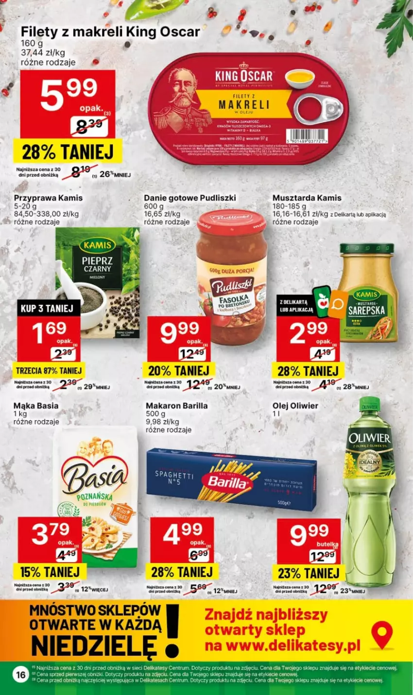 Gazetka promocyjna Delikatesy Centrum - Dyskontowe ceny w Delikatesach Centrum - ważna 25.01 do 31.01.2024 - strona 16 - produkty: Barilla, Basia, Danie gotowe, Kamis, Mąka, Makaron, Mus, Musztarda, Olej, Pudliszki