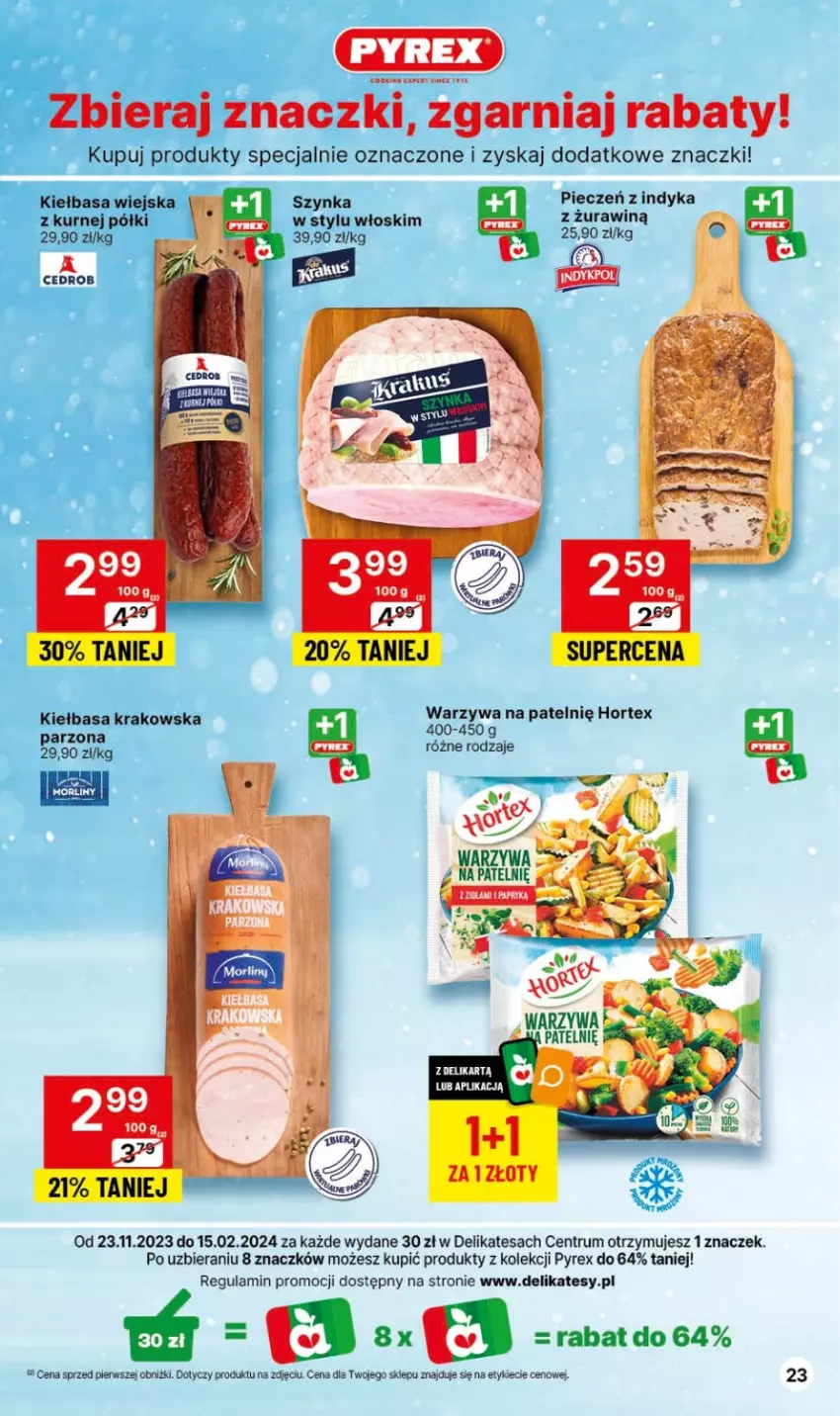 Gazetka promocyjna Delikatesy Centrum - Dyskontowe ceny w Delikatesach Centrum - ważna 25.01 do 31.01.2024 - strona 23 - produkty: Hortex, Kiełbasa, Kiełbasa krakowska, Kiełbasa wiejska, Morliny, Rum, Szynka, Warzywa