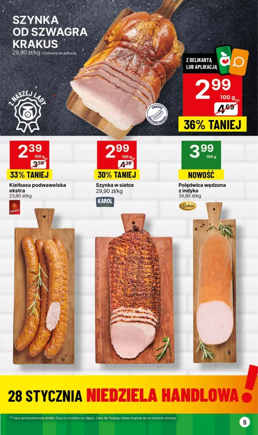 Gazetka promocyjna Delikatesy Centrum - Dyskontowe ceny w Delikatesach Centrum - ważna 25.01 do 31.01.2024 - strona 5 - produkty: Fa, Gra, Kiełbasa, Kiełbasa podwawelska, Polędwica, Szynka, Wawel