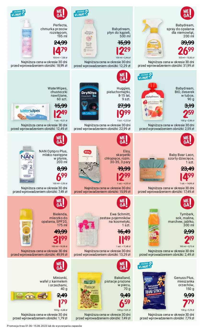 Gazetka promocyjna Rossmann - 1 czerwca - ważna 01.06 do 15.06.2023 - strona 12 - produkty: Babydream, Bakalland, Bielenda, Chusteczki, Deser, Dzieci, Ewa Schmitt, Genuss Plus, Huggies, Karp, Leon, Majtki, Mleczko, Mleko, NAN Optipro, O nas, Perfecta, Piec, Pieluchomajtki, Pistacje, Płyn do kąpieli, Pojemnik, Ser, Serek, Skarpetki, Sok, Szorty, Tymbark