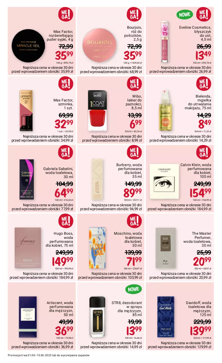 Gazetka promocyjna Rossmann - 1 czerwca - ważna 01.06 do 15.06.2023 - strona 5 - produkty: Bielenda, Błyszczyk do ust, Bourjois, Brie, Burberry, Calvin Klein, Davidoff, Dezodorant, Eveline, Fa, Gabriela Sabatini, Hugo Boss, Inka, Lakier, Lakier do paznokci, Makijaż, Max Factor, Moschino, Perfum, Puder, Róż do policzków, Str8, Szminka, Wibo, Woda, Woda perfumowana, Woda toaletowa