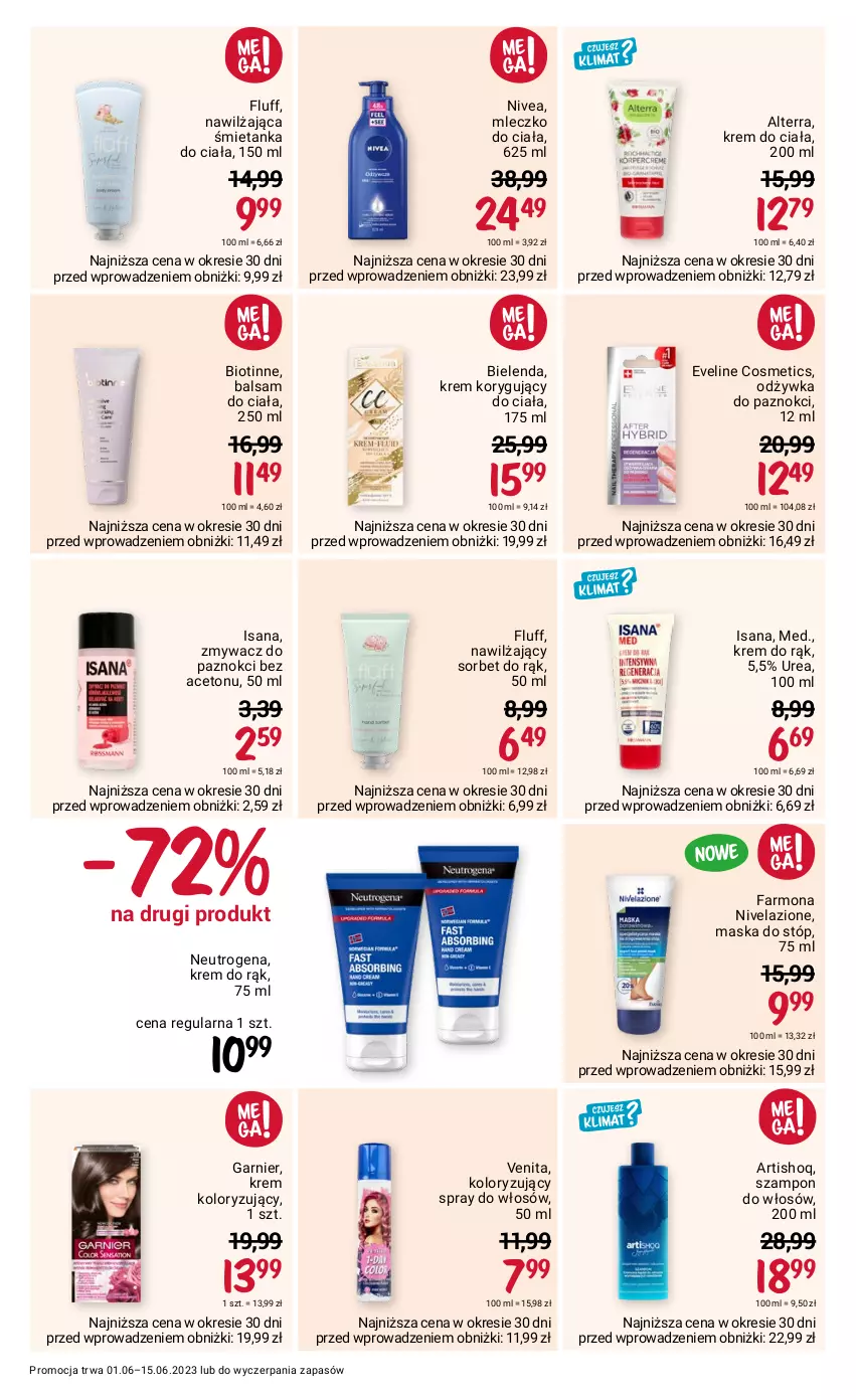 Gazetka promocyjna Rossmann - 1 czerwca - ważna 01.06 do 15.06.2023 - strona 6 - produkty: Alterra, Balsam do ciała, Bielenda, Eveline, Fa, Garnier, Isana, Krem do ciała, Krem do rąk, Maska, Maska do stóp, Mleczko, Mleczko do ciała, Neutrogena, Nivea, Nivelazione, Odżywka, Szampon, Zmywacz do paznokci