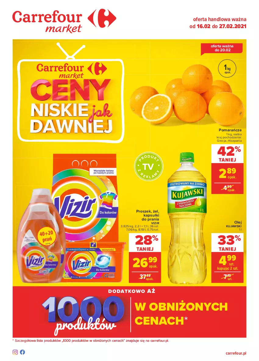 Gazetka promocyjna Carrefour - Gazetka Market - ważna 15.02 do 27.02.2021 - strona 1 - produkty: Kapsułki do prania, Kujawski, Olej, Pomarańcze, Siatka, Vizir