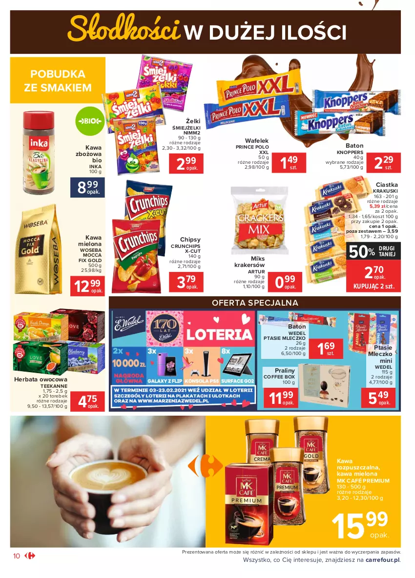 Gazetka promocyjna Carrefour - Gazetka Market - ważna 15.02 do 27.02.2021 - strona 10 - produkty: Artur, Baton, Chipsy, Ciastka, Crunchips, Herbata, Herbata owocowa, Inka, Kawa, Kawa mielona, Kawa rozpuszczalna, Kawa zbożowa, Knoppers, Kosz, Krakus, Krakuski, Mleczko, Mocca Fix Gold, Nimm2, Praliny, Prince Polo, Ptasie mleczko, Teekanne, Wafelek, Woseba