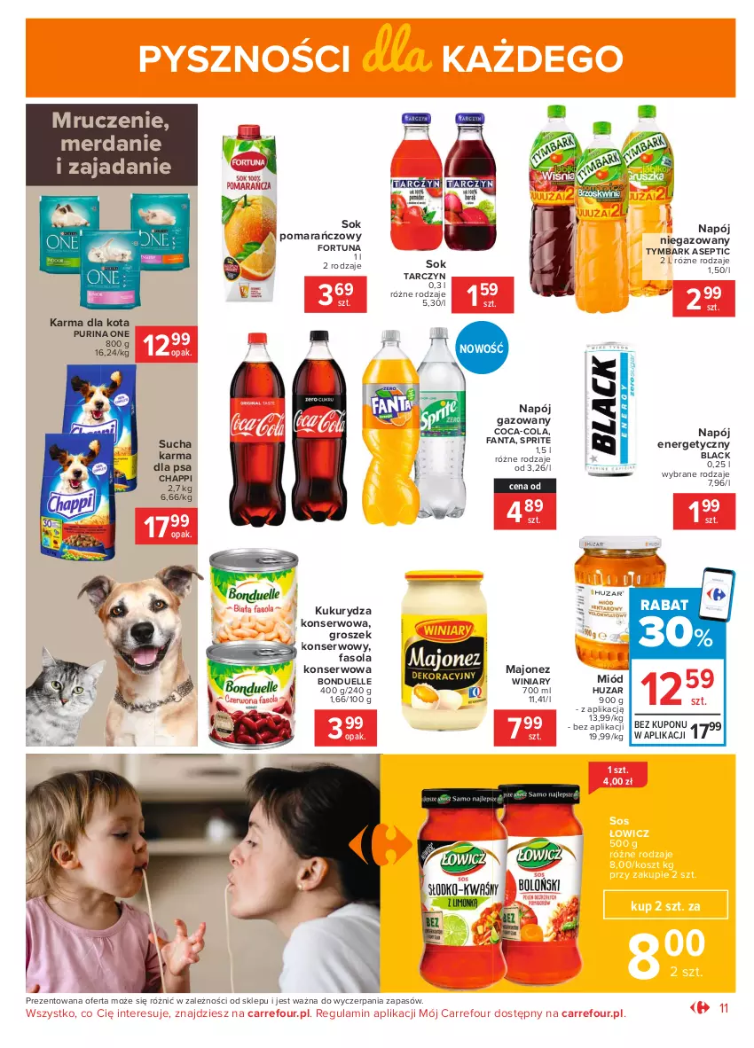 Gazetka promocyjna Carrefour - Gazetka Market - ważna 15.02 do 27.02.2021 - strona 11 - produkty: Bonduelle, Chappi, Coca-Cola, Fa, Fanta, Fasola, Fortuna, Groszek, Kosz, Kukurydza, Kukurydza konserwowa, Lack, Majonez, Miód, Napój, Napój energetyczny, Napój gazowany, Napój niegazowany, Pur, Purina, Ser, Sok, Sok pomarańczowy, Sos, Sprite, Sucha karma, Tymbark, Winiary