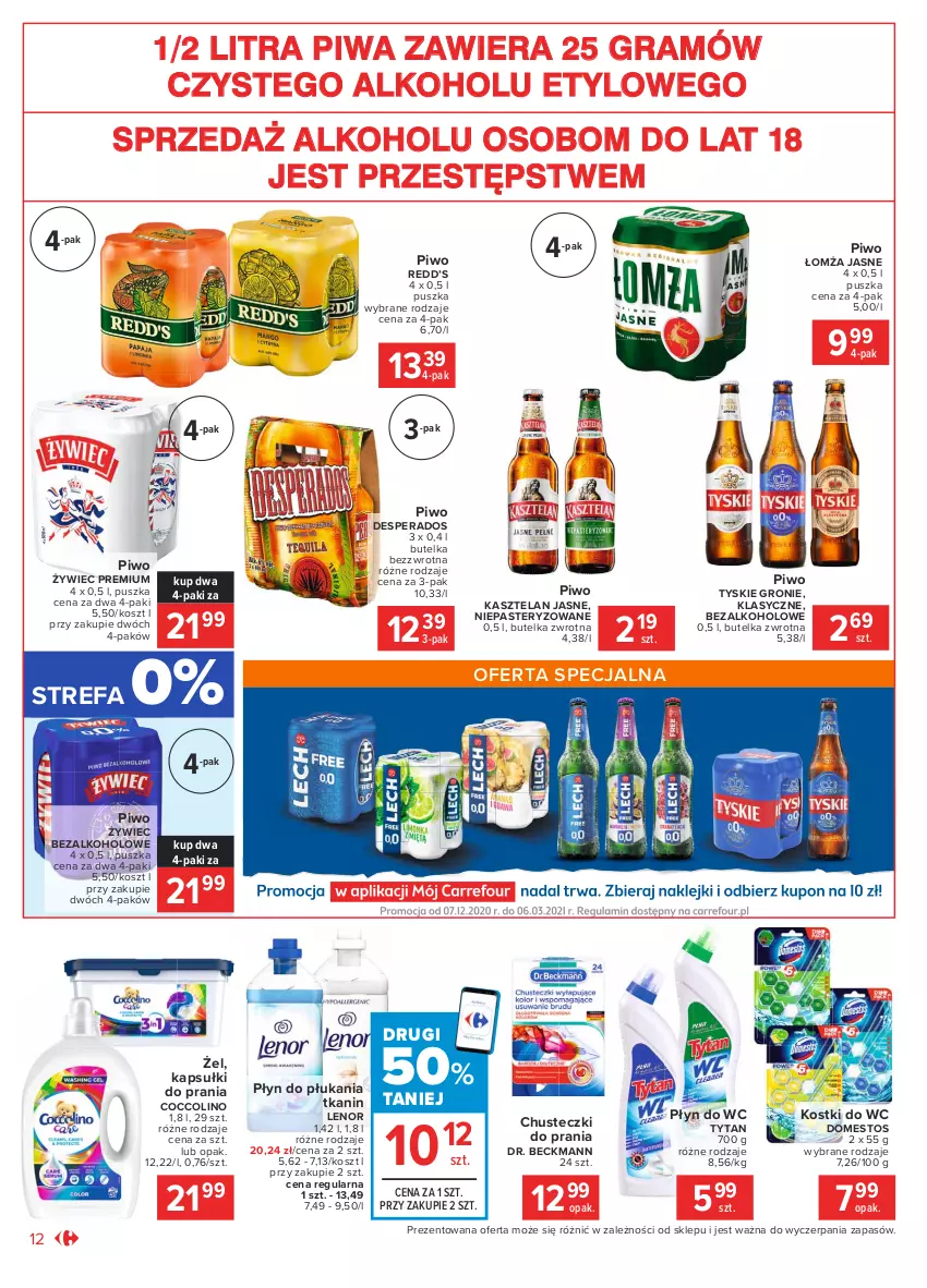 Gazetka promocyjna Carrefour - Gazetka Market - ważna 15.02 do 27.02.2021 - strona 12 - produkty: Chusteczki, Chusteczki do prania, Coccolino, Desperados, Domestos, Fa, Gra, Kapsułki do prania, Kasztelan, Kosz, Lenor, Piwa, Piwo, Płyn do płukania, Płyn do wc, Tyskie, Tytan