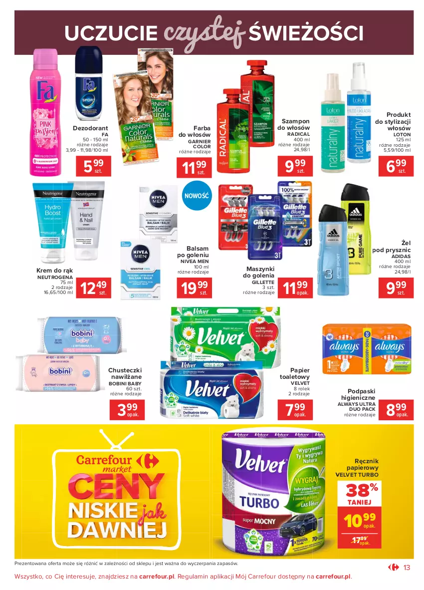 Gazetka promocyjna Carrefour - Gazetka Market - ważna 15.02 do 27.02.2021 - strona 13 - produkty: Adidas, Always, Always Ultra, Balsam po goleniu, Chusteczki, Dezodorant, Fa, Farba do włosów, Garnier, Gillette, Krem do rąk, Neutrogena, Nivea, Nivea Men, Papier, Papier toaletowy, Podpaski, Ręcznik, Szampon, Velvet