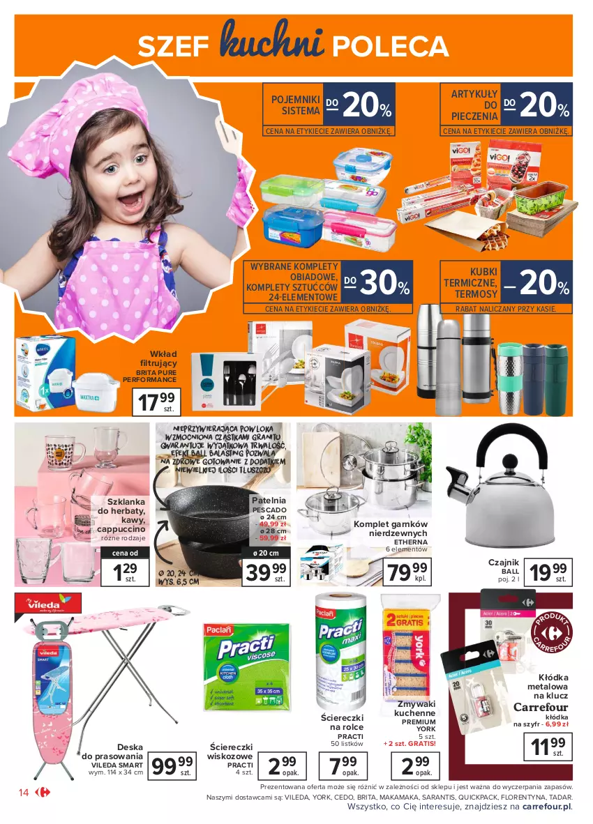 Gazetka promocyjna Carrefour - Gazetka Market - ważna 15.02 do 27.02.2021 - strona 14 - produkty: Brit, Brita, Cappuccino, Czajnik, Deska do prasowania, Gra, Kłódka, Patelnia, Piec, Pojemnik, Pur, Szklanka, Termos, Vileda, Zmywaki kuchenne