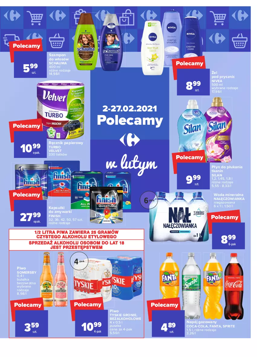 Gazetka promocyjna Carrefour - Gazetka Market - ważna 15.02 do 27.02.2021 - strona 17 - produkty: Coca-Cola, Fa, Fanta, Finish, Gra, Nałęczowianka, Napój, Napój gazowany, Nivea, Papier, Piwa, Piwo, Płyn do płukania, Ręcznik, Schauma, Silan, Somersby, Sprite, Szampon, Tyskie, Velvet, Woda, Woda mineralna, Zmywarki