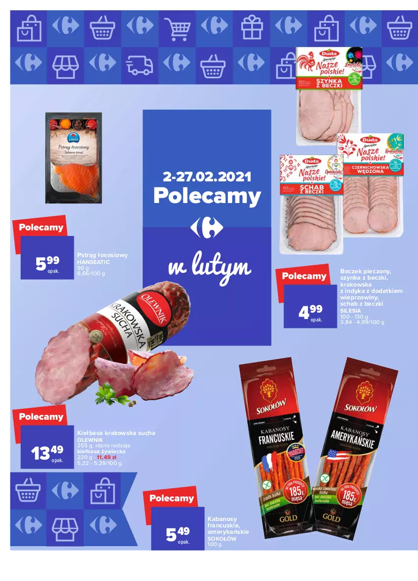 Gazetka promocyjna Carrefour - Gazetka Market - ważna 15.02 do 27.02.2021 - strona 18 - produkty: Boczek, Boczek pieczony, Kabanos, Kiełbasa, Kiełbasa krakowska, Olewnik, Piec, Pstrąg, Pstrąg łososiowy, Sok, Sokołów, Sos, Szynka, Szynka z beczki