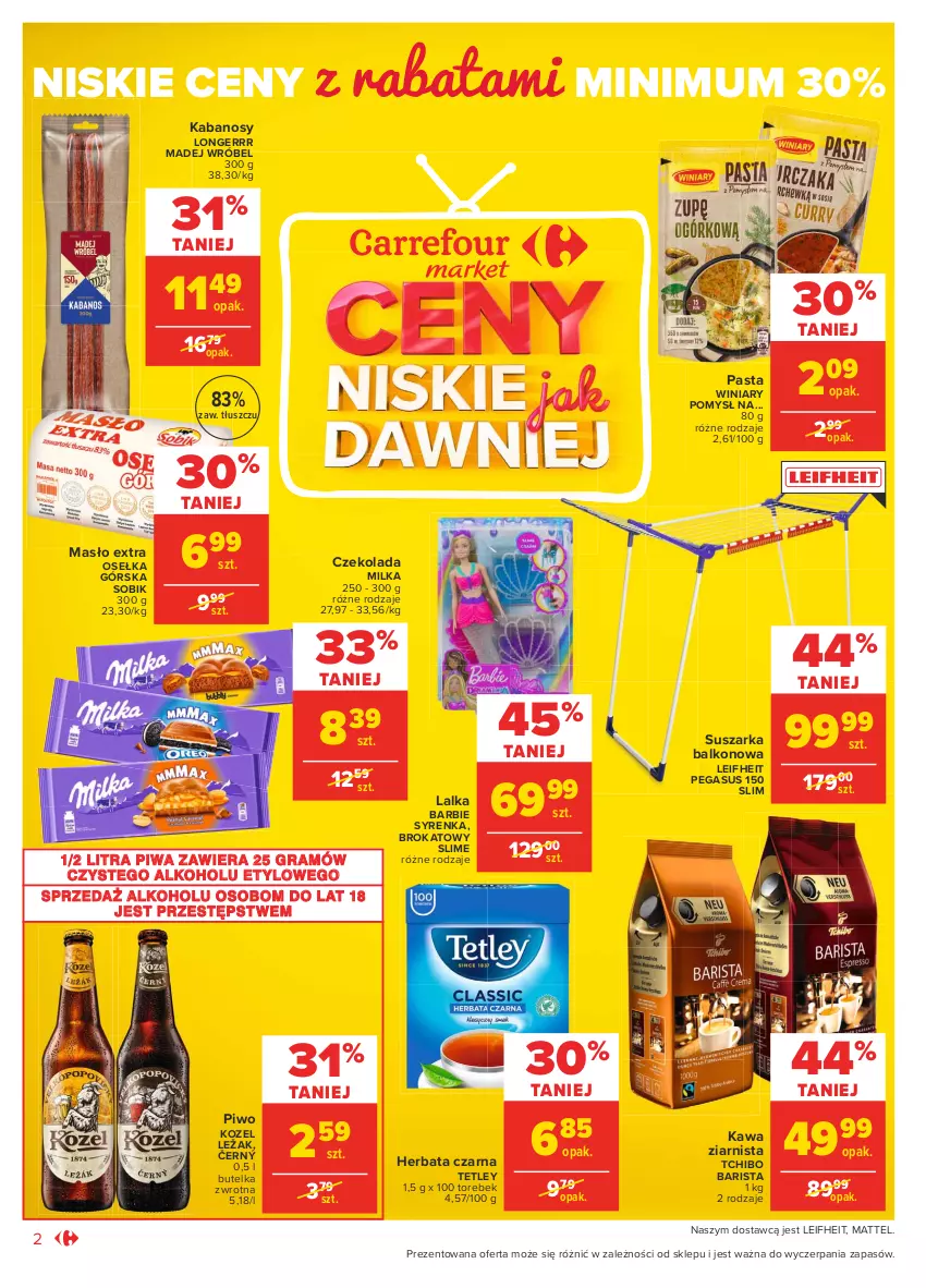 Gazetka promocyjna Carrefour - Gazetka Market - ważna 15.02 do 27.02.2021 - strona 2 - produkty: Asus, Barbie, Czekolada, Gra, Herbata, Herbata czarna, Kabanos, Kawa, Kawa ziarnista, Kozel, Lalka, Madej Wróbel, Masło, Mattel, Milka, Piwa, Piwo, Suszarka, Suszarka balkonowa, Tchibo, Tchibo Barista, Tetley, Winiary