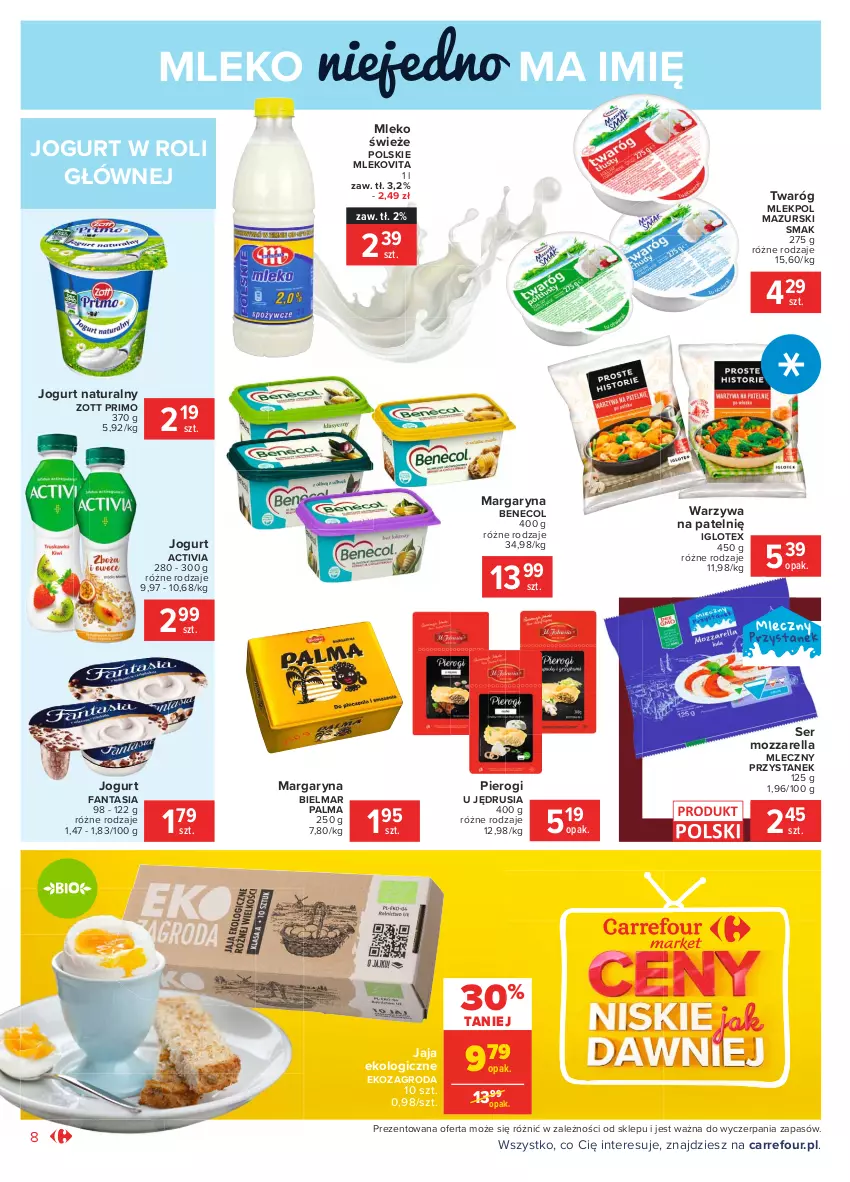 Gazetka promocyjna Carrefour - Gazetka Market - ważna 15.02 do 27.02.2021 - strona 8 - produkty: Activia, Benecol, Fa, Fanta, Jaja, Jogurt, Jogurt naturalny, Margaryna, Mleko, Mlekovita, Mozzarella, Palma, Pierogi, Ser, Twaróg, Warzywa, Zott, Zott Primo