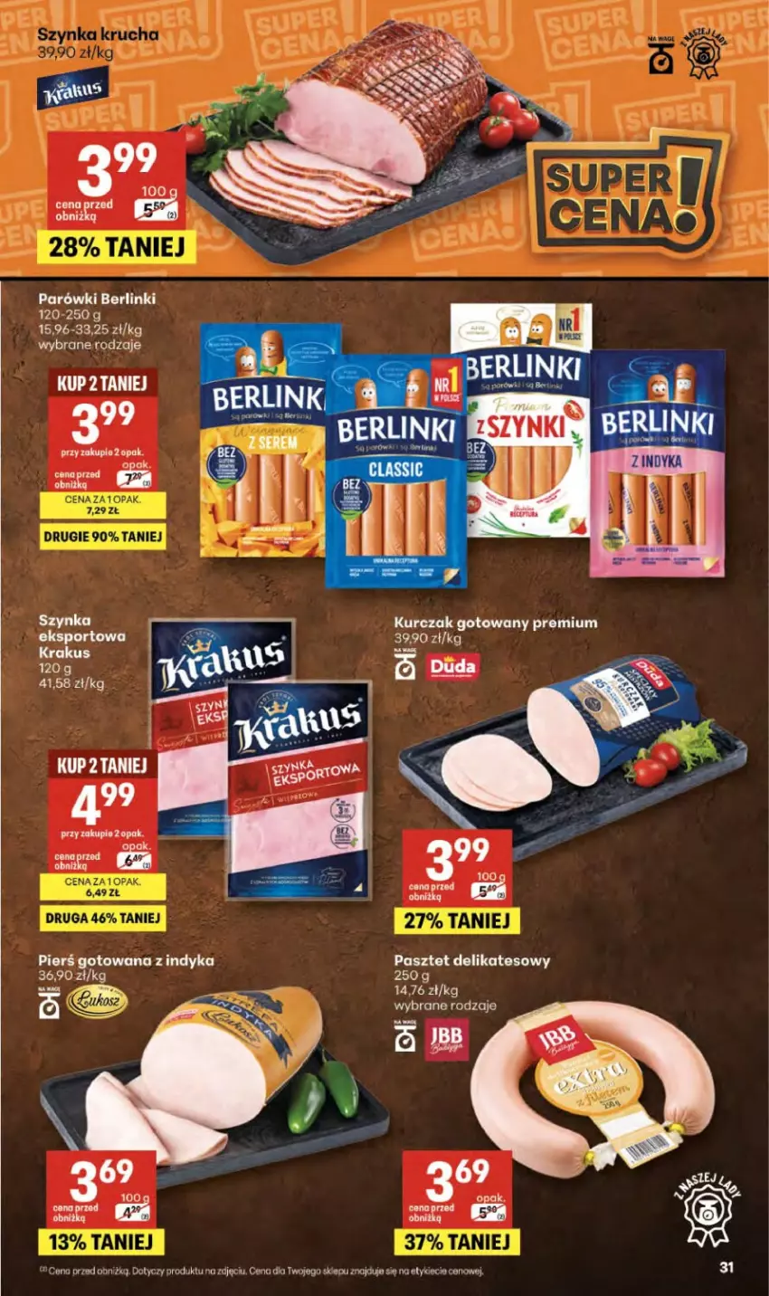 Gazetka promocyjna Delikatesy Centrum - Franczyza DC13 Czwartek - ważna 26.03 do 01.04.2026 - strona 31 - produkty: Bell, Berlinki, Duda, Krakus, Kurczak, Kurczak gotowany, Parówki, Pasztet, Por, Sport, Szynka