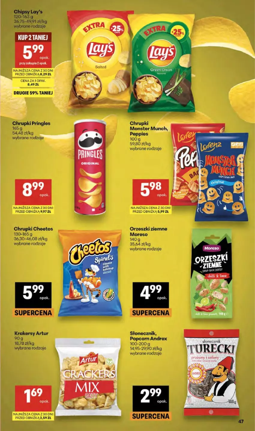Gazetka promocyjna Delikatesy Centrum - Franczyza DC13 Czwartek - ważna 26.03 do 01.04.2026 - strona 47 - produkty: Artur, Cheetos, Chrupki, Krakersy, Monster Munch, Orzeszki, Orzeszki ziemne, Popcorn, Pringles