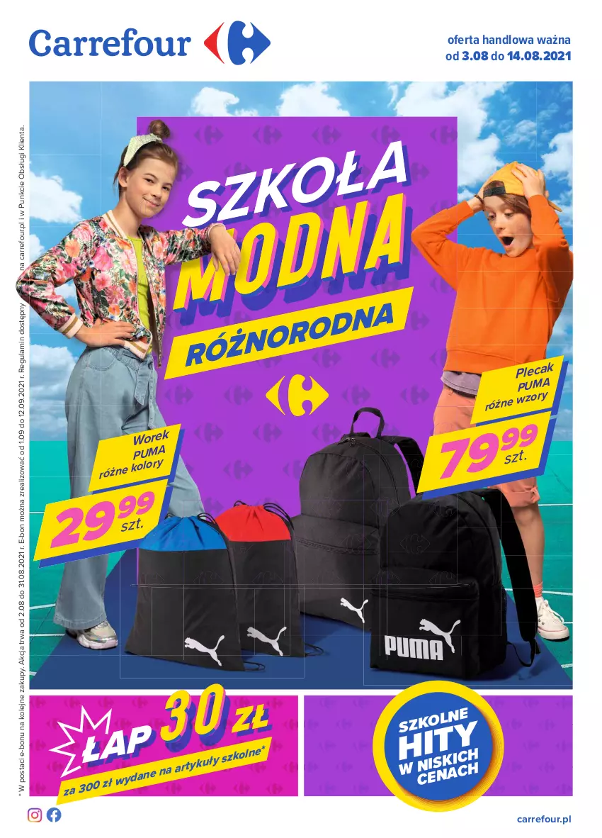 Gazetka promocyjna Carrefour - Gazetka Szkoła modna różnorodna - ważna 02.08 do 14.08.2021 - strona 1 - produkty: Olej, Plecak, Puma