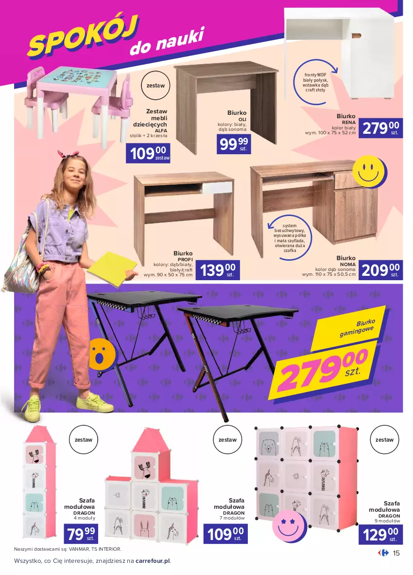 Gazetka promocyjna Carrefour - Gazetka Szkoła modna różnorodna - ważna 02.08 do 14.08.2021 - strona 15 - produkty: Biurko, Dzieci, Fa, Półka, Stolik, Szafa, Szafka