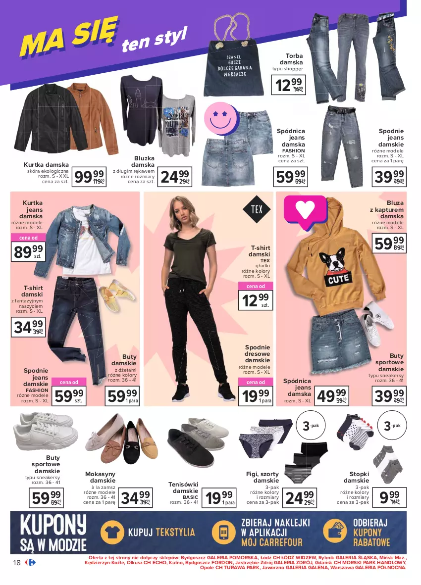 Gazetka promocyjna Carrefour - Gazetka Szkoła modna różnorodna - ważna 02.08 do 14.08.2021 - strona 18 - produkty: Bluza, Bluza z kapturem, Buty, Dres, Fa, Fanta, Figi, Kurtka, Mokasyny, Por, Sneakersy, Spódnica, Spodnie, Spodnie dresowe, Spodnie jeans, Sport, Szorty, T-shirt, Tenisówki, Top, Torba