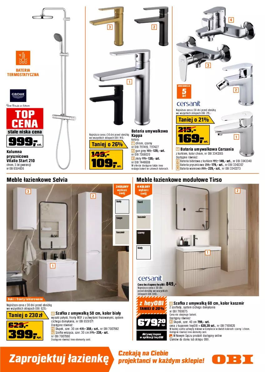 Gazetka promocyjna Obi - Gazetka OBI - ważna 07.04 do 21.04.2026 - strona 13 - produkty: Bateria, Bateria prysznicowa, Bateria umywalkowa, Bateria wannowa, Brodzik, Deska wolnoopadająca, Fa, Kabina prysznicowa, Kompakt WC, Kosz, Lakier, LANA, Meble, Meble łazienkowe, Miska, Piec, Półka, Ser, Słuchawka prysznicowa, Słupek, Sok, Syfon, Szafka, Termos, Top, Tran, Uchwyty