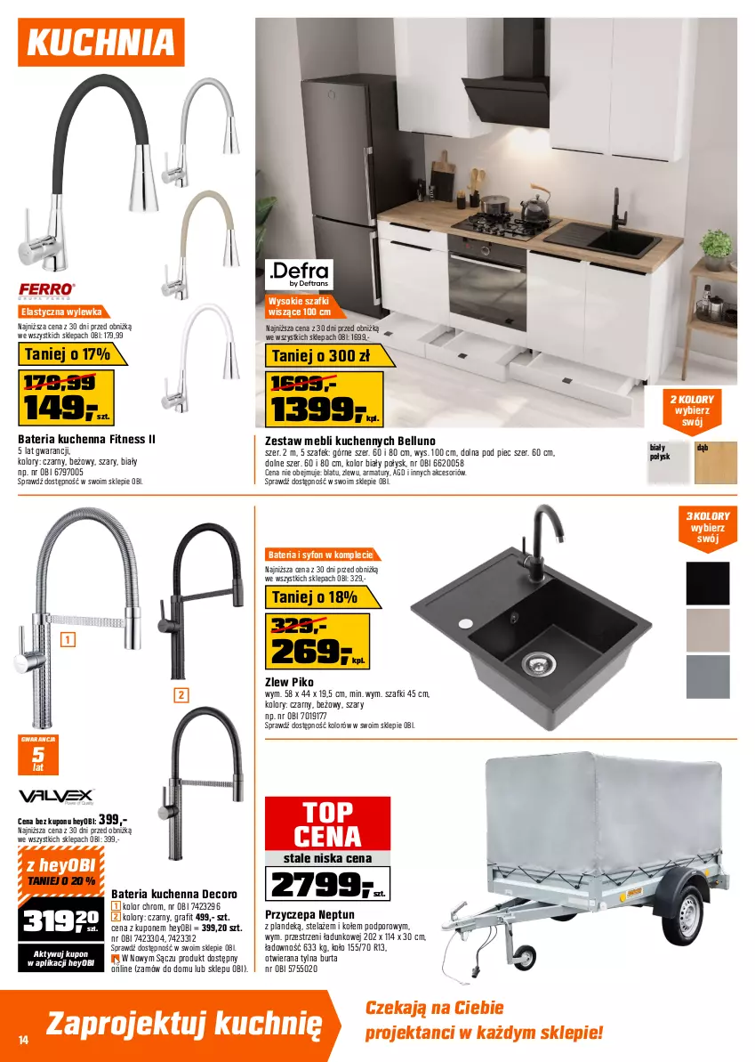 Gazetka promocyjna Obi - Gazetka OBI - ważna 07.04 do 21.04.2026 - strona 14 - produkty: Bateria, Bateria kuchenna, Bell, Fa, Gra, Kuchnia, Lorenz, Piec, Plafon, Plafon LED, Pokrywa, Por, Roleta, Sok, Syfon, Top, Tran, Zestaw mebli kuchennych, Zlew