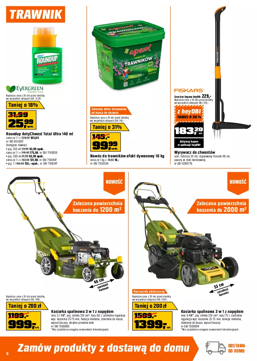 Gazetka promocyjna Obi - Gazetka OBI - ważna 07.04 do 21.04.2026 - strona 6 - produkty: Akumulator, Dywan, Fa, Kosiarka, Kosz, Myjka ciśnieniowa, Nawóz, Szlifierka, Szlifierka kątowa, Tarka, Telefon, Top, Walizka, Warka, Wkręt, Wkrętarka, Zestaw wkrętaków