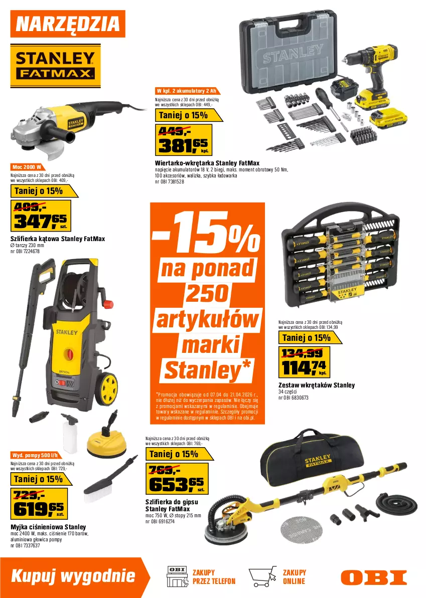 Gazetka promocyjna Obi - Gazetka OBI - ważna 07.04 do 21.04.2026 - strona 7 - produkty: Akumulator, Dywan, Fa, Kosiarka, Kosz, Myjka ciśnieniowa, Nawóz, Szlifierka, Szlifierka kątowa, Tarka, Telefon, Top, Walizka, Warka, Wkręt, Wkrętarka, Zestaw wkrętaków