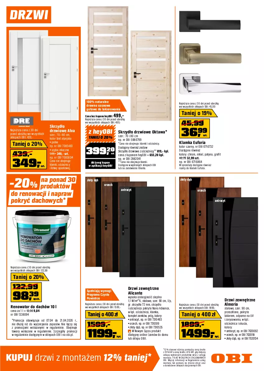 Gazetka promocyjna Obi - Gazetka OBI - ważna 07.04 do 21.04.2026 - strona 9 - produkty: Dekoral, Drzwi, Drzwi zewnętrzne, Dulux, Fa, Farba akrylowa, Farba lateksowa, Geoflex, Gra, Klamka, Klej, Lakier, Mięta, Por, Prima, Rama, Skrzydło drzwiowe, Sok, Sos, Top, Tran