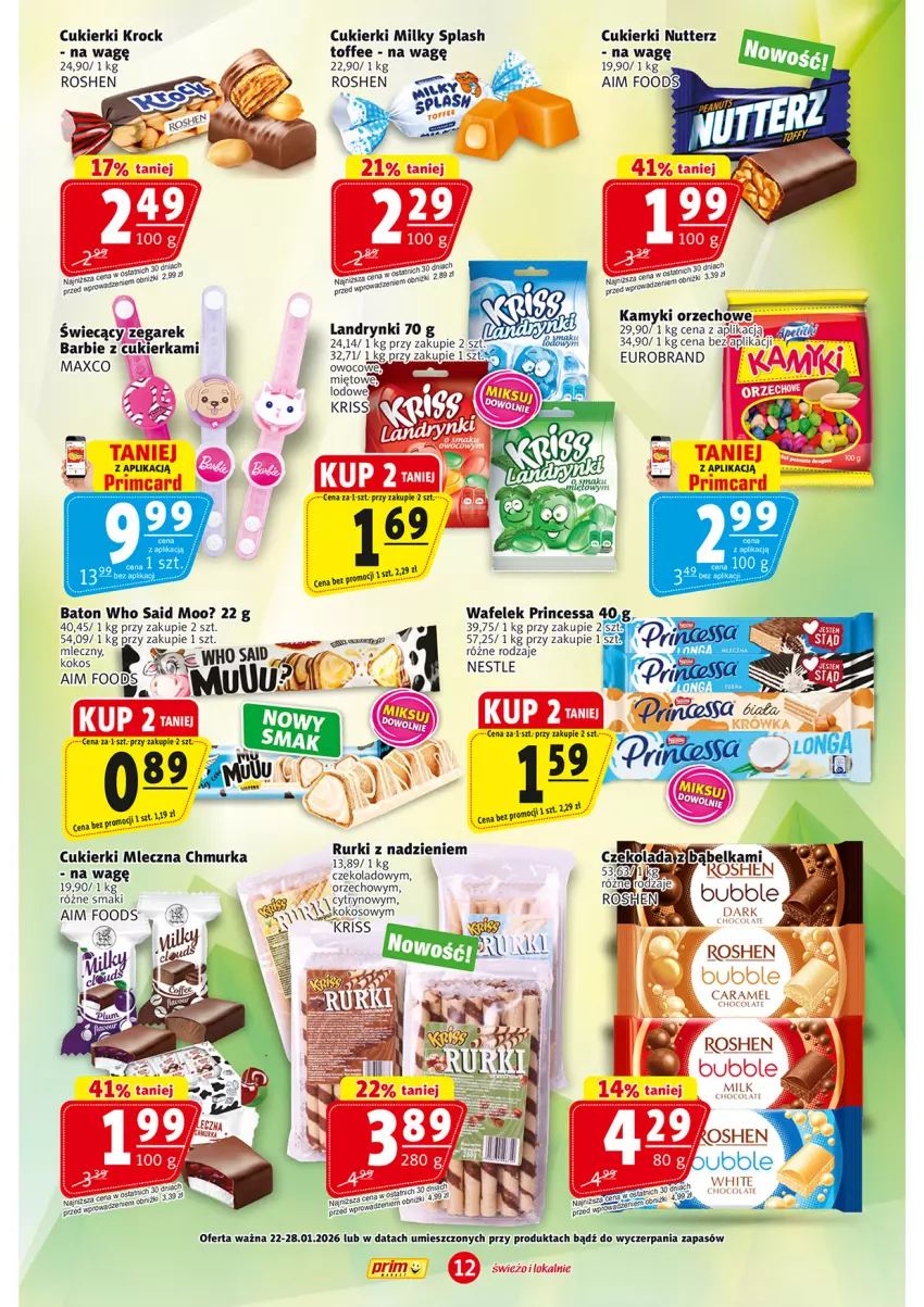 Gazetka promocyjna Prim Market - ważna 22.01 do 28.01.2026 - strona 12 - produkty: Barbie, Baton, Cukier, Cukierki, Princessa, Rurki, SVR, Wafelek, Zegar, Zegarek