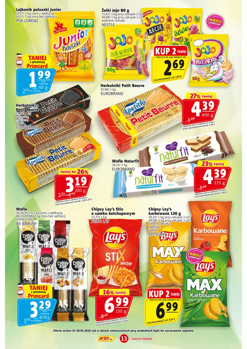 Gazetka promocyjna Prim Market - ważna 22.01 do 28.01.2026 - strona 13 - produkty: Chipsy, Herbatniki, Herbatniki Petit Beurre, Ketchup, Lajkonik, Lorenz, Papryka, Wafle
