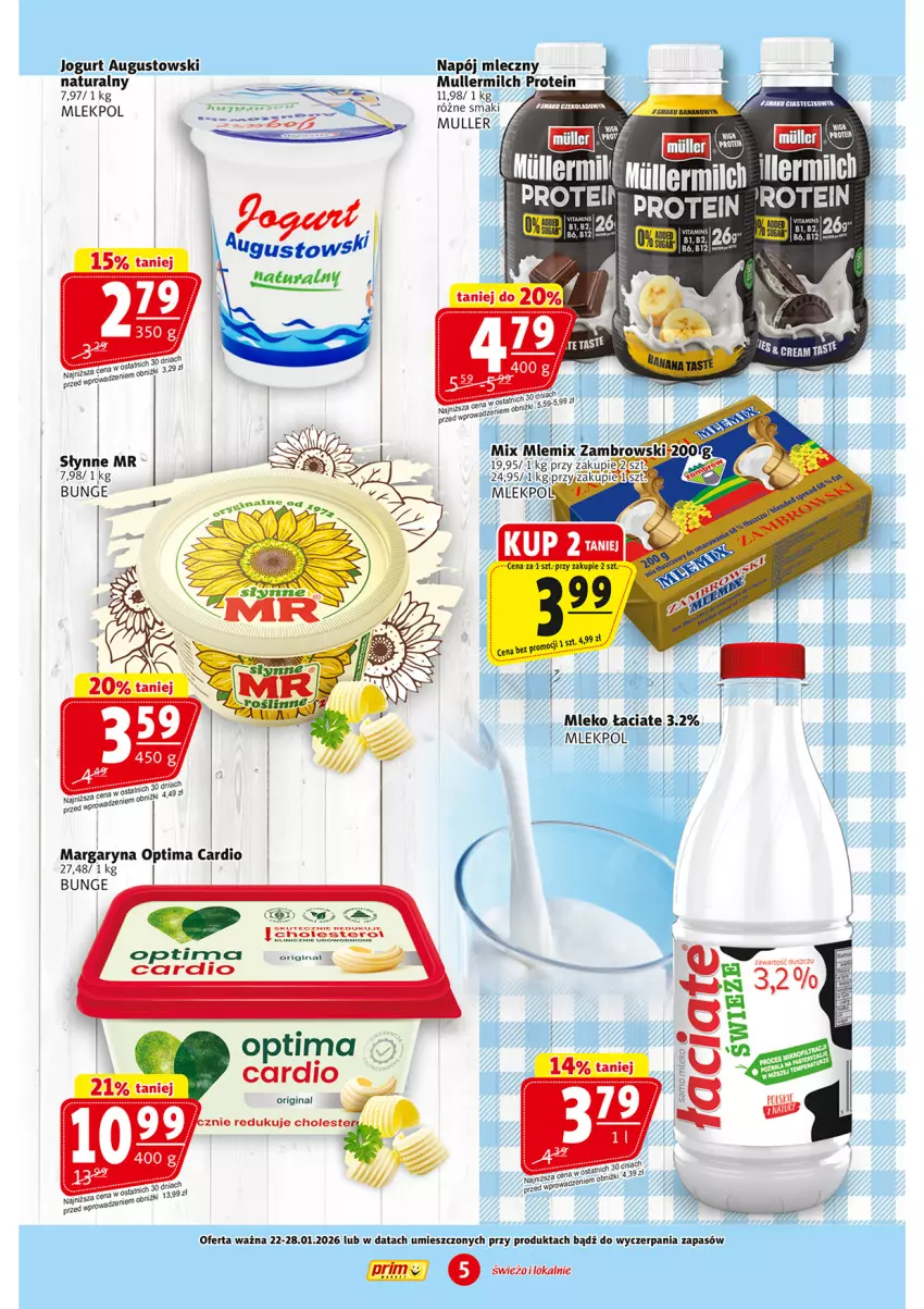 Gazetka promocyjna Prim Market - ważna 22.01 do 28.01.2026 - strona 5 - produkty: Gin, Jogurt, Margaryna, Mleko, Napój, Napój mleczny, Optima, Optima Cardio