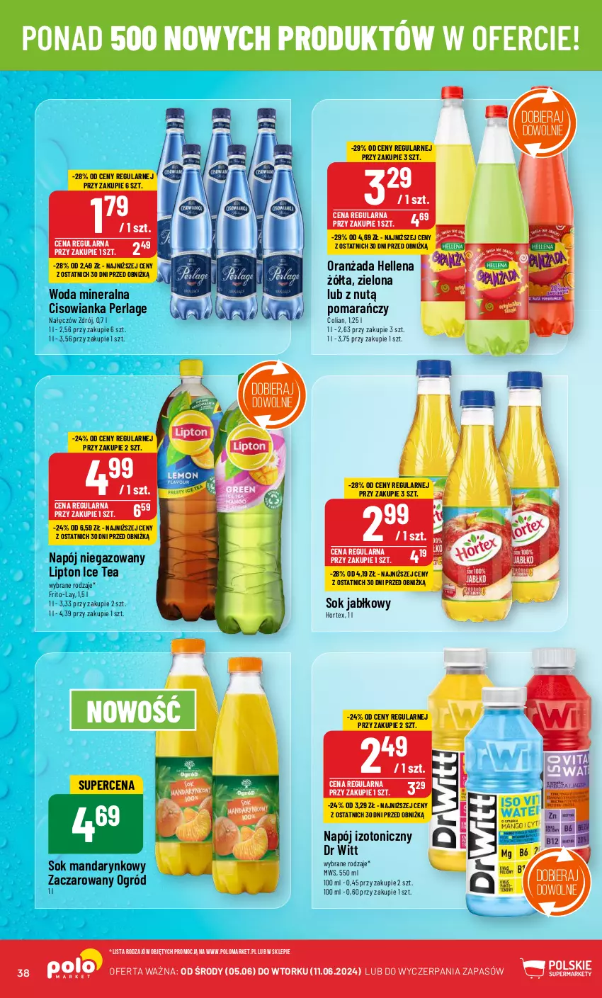 Gazetka promocyjna PoloMarket - Gazetka pomocyjna - ważna 05.06 do 11.06.2024 - strona 38 - produkty: Cisowianka, Hellena, Hortex, Ice tea, Lipton, Napój, Napój izotoniczny, Napój niegazowany, Ogród, Oranżada, Sok, Sok jabłkowy, Woda, Woda mineralna