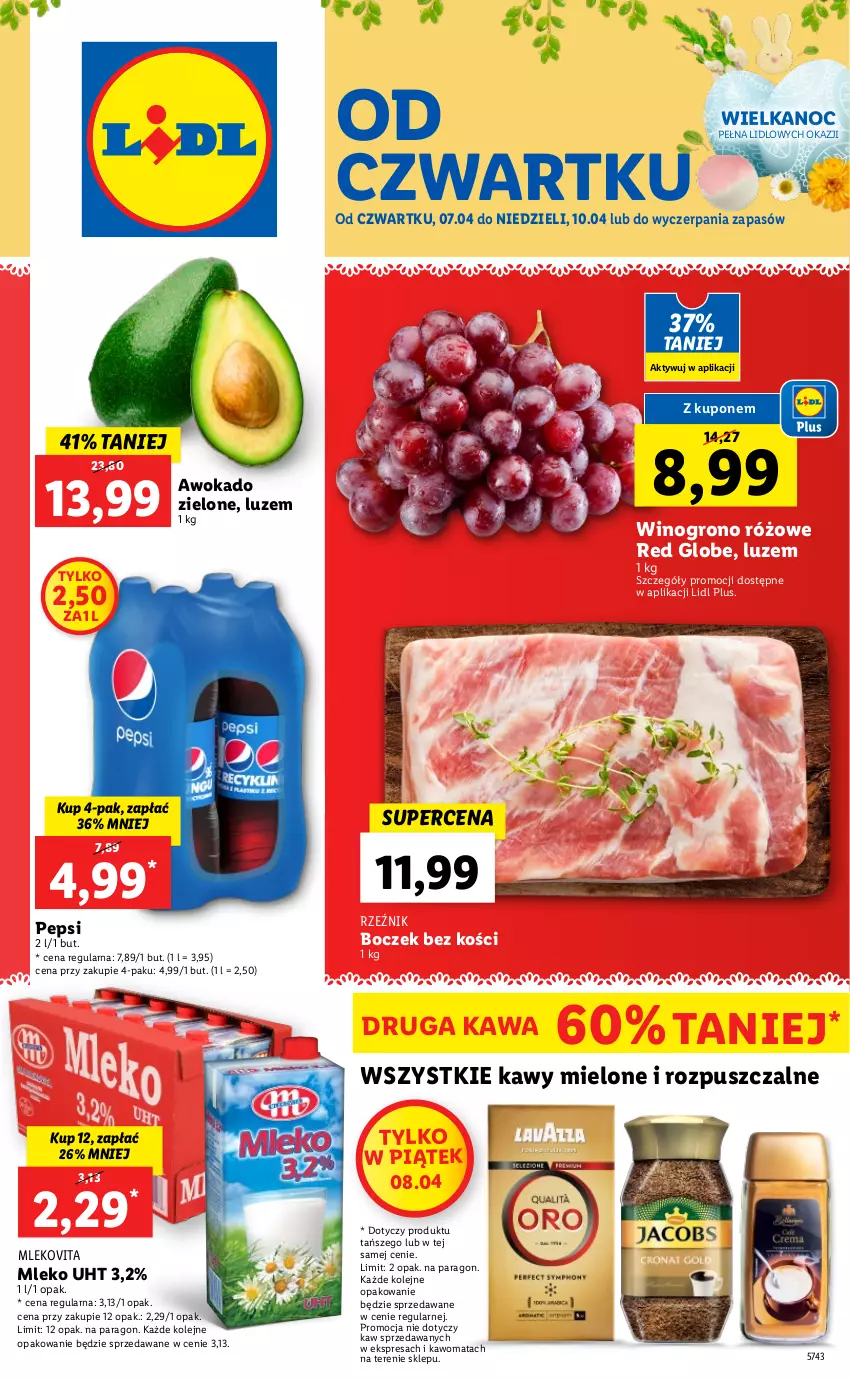 Gazetka promocyjna Lidl - GAZETKA - ważna 07.04 do 10.04.2022 - strona 1 - produkty: Boczek, Boczek bez kości, Kawa, Mleko, Mlekovita, Olej, Pepsi, Wino