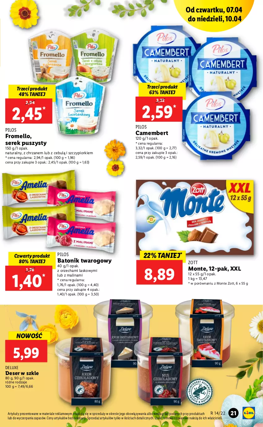 Gazetka promocyjna Lidl - GAZETKA - ważna 07.04 do 10.04.2022 - strona 21 - produkty: Baton, Batonik twarogowy, Camembert, Chrzan, Deser, Monte, Pilos, Por, Ser, Serek, Serek puszysty, Tonik, Zott