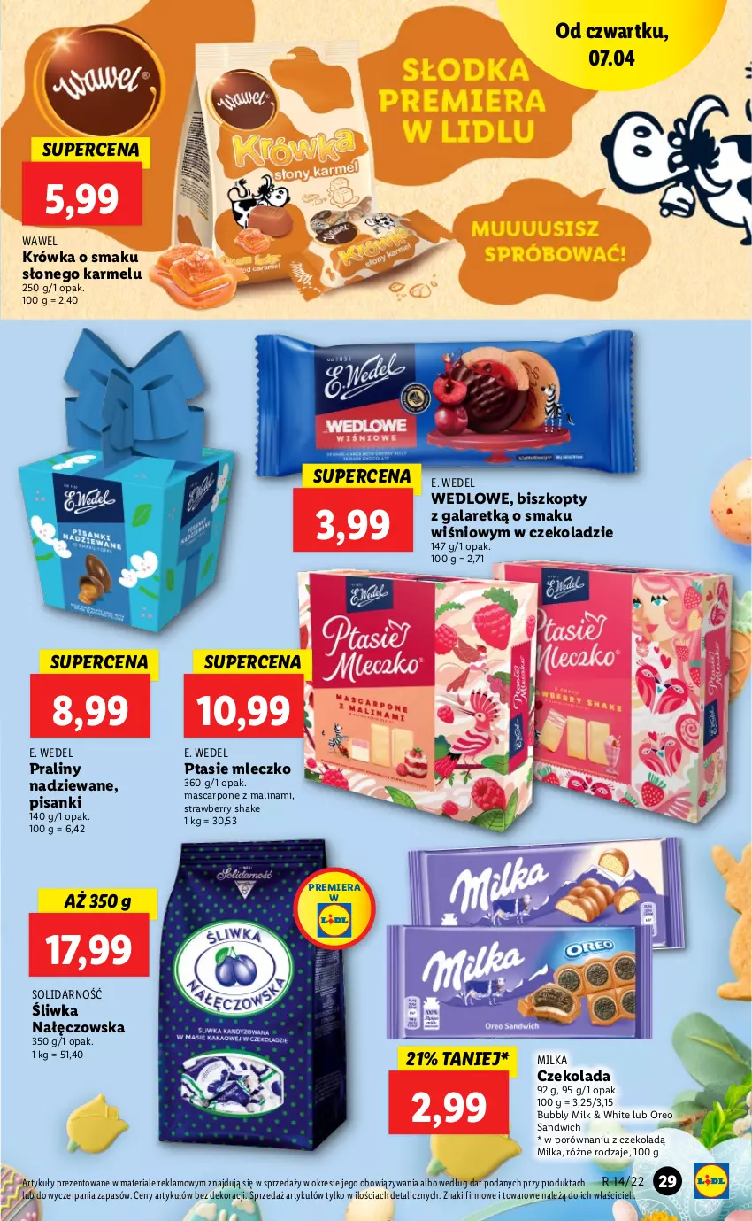 Gazetka promocyjna Lidl - GAZETKA - ważna 07.04 do 10.04.2022 - strona 29 - produkty: Biszkopty, Czekolada, E. Wedel, Gala, Mascarpone, Milka, Mleczko, Oreo, Por, Praliny, Ptasie mleczko, Sanki, Wawel