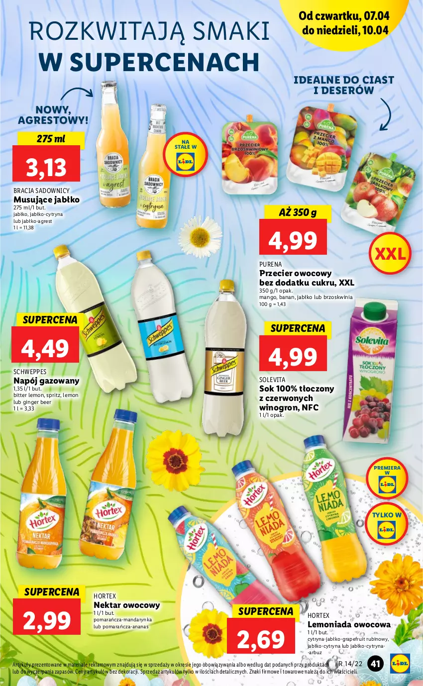 Gazetka promocyjna Lidl - GAZETKA - ważna 07.04 do 10.04.2022 - strona 41 - produkty: Ananas, Arbuz, Deser, Gin, Gra, Gres, Hortex, Lemoniada, Mango, Mus, Napój, Napój gazowany, Nektar, Pur, Rubin, Schweppes, Ser, Sok, Wino