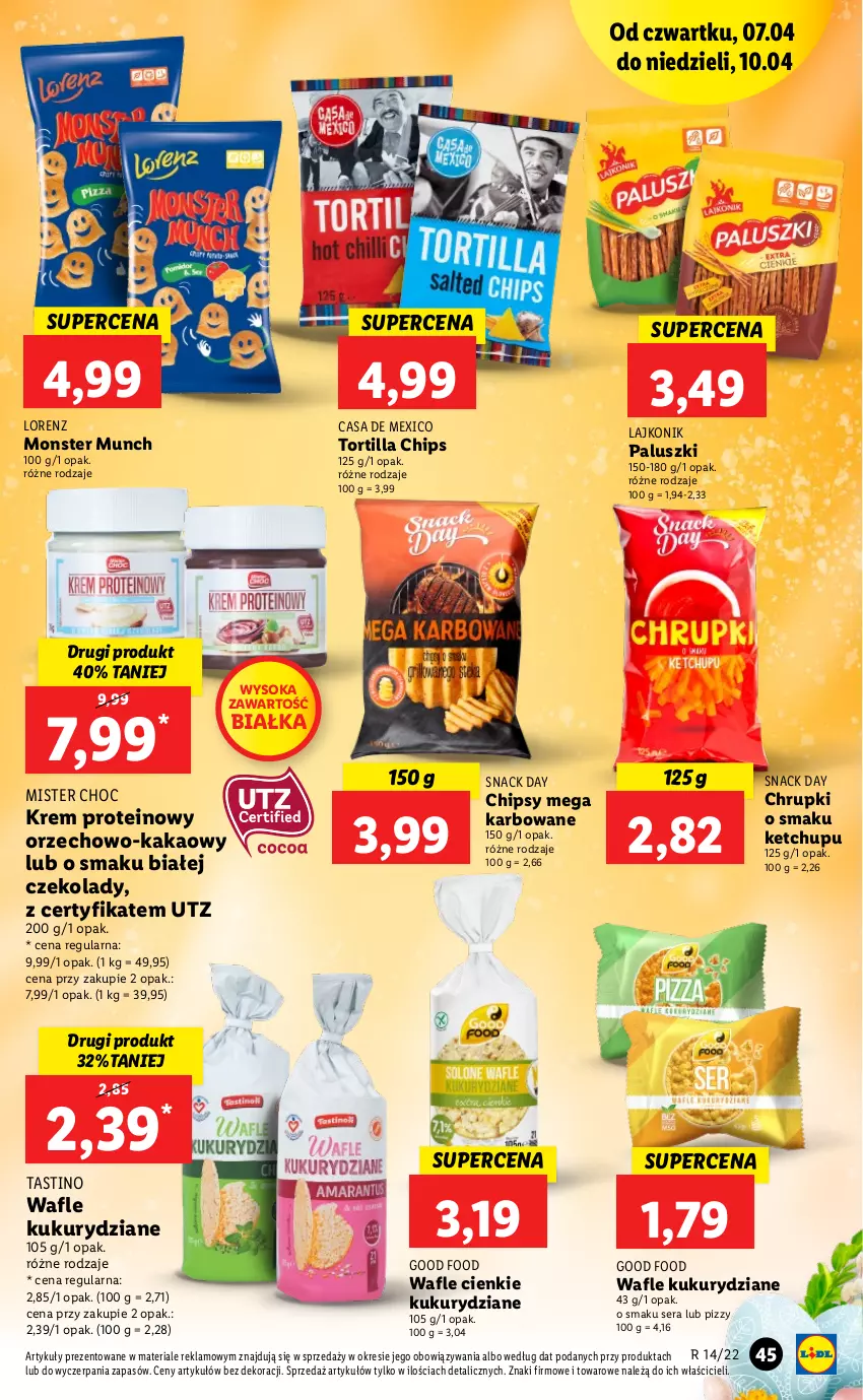 Gazetka promocyjna Lidl - GAZETKA - ważna 07.04 do 10.04.2022 - strona 45 - produkty: Chipsy, Chrupki, Kakao, Ketchup, Lajkonik, Lorenz, Monster Munch, Ser, Sok, Tortilla, Tortilla Chips, Wafle