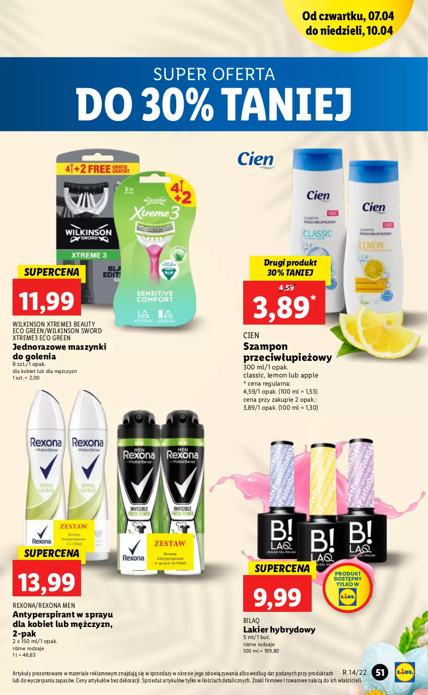 Gazetka promocyjna Lidl - GAZETKA - ważna 07.04 do 10.04.2022 - strona 51 - produkty: Antyperspirant, Lakier, Lakier hybrydowy, Rexona, Szampon, Wilkinson Sword