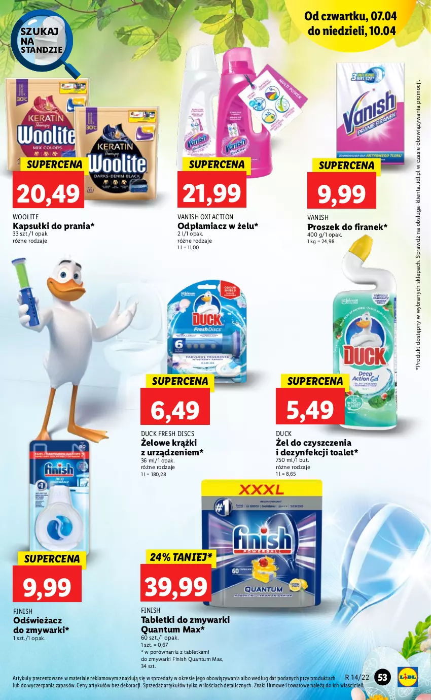 Gazetka promocyjna Lidl - GAZETKA - ważna 07.04 do 10.04.2022 - strona 53 - produkty: Duck, Finish, Kapsułki do prania, Odplamiacz, Odświeżacz do zmywarki, Por, Tablet, Tabletki do zmywarki, Vanish, Woolite, Zmywarki