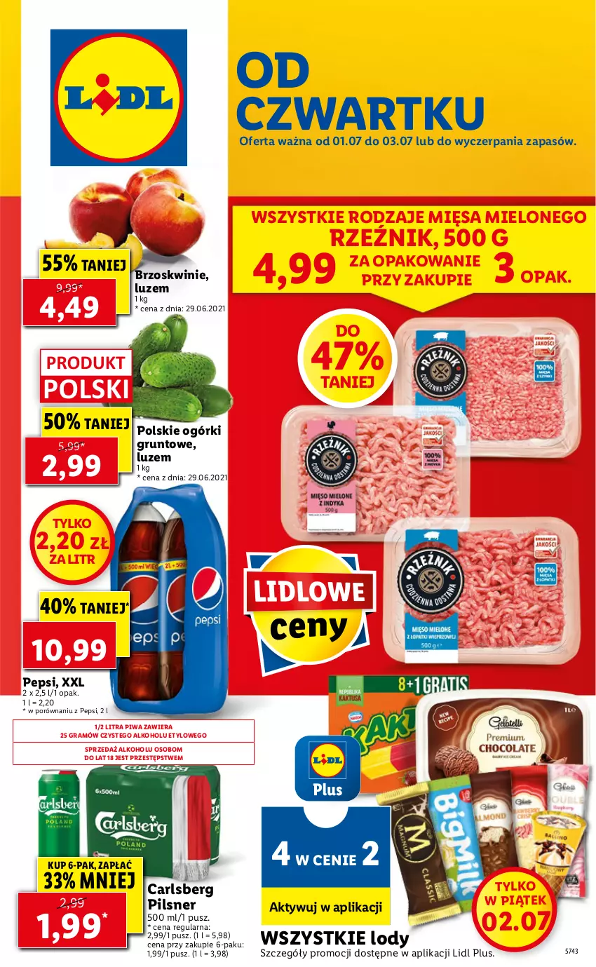 Gazetka promocyjna Lidl - GAZETKA - ważna 01.07 do 03.07.2021 - strona 1 - produkty: Brzoskwinie, Carlsberg, Gra, Grunt, Lody, Pepsi, Piwa, Por