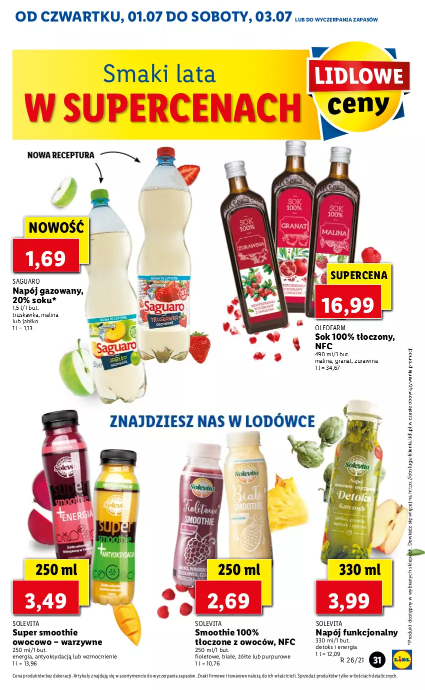 Gazetka promocyjna Lidl - GAZETKA - ważna 01.07 do 03.07.2021 - strona 31 - produkty: Fa, Gra, Granat, Napój, Napój gazowany, Oleo, Oleofarm, Pur, Smoothie, Sok